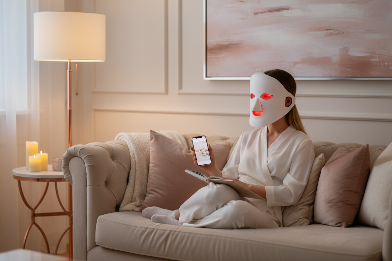 Femme avec masque LED sur le canapé