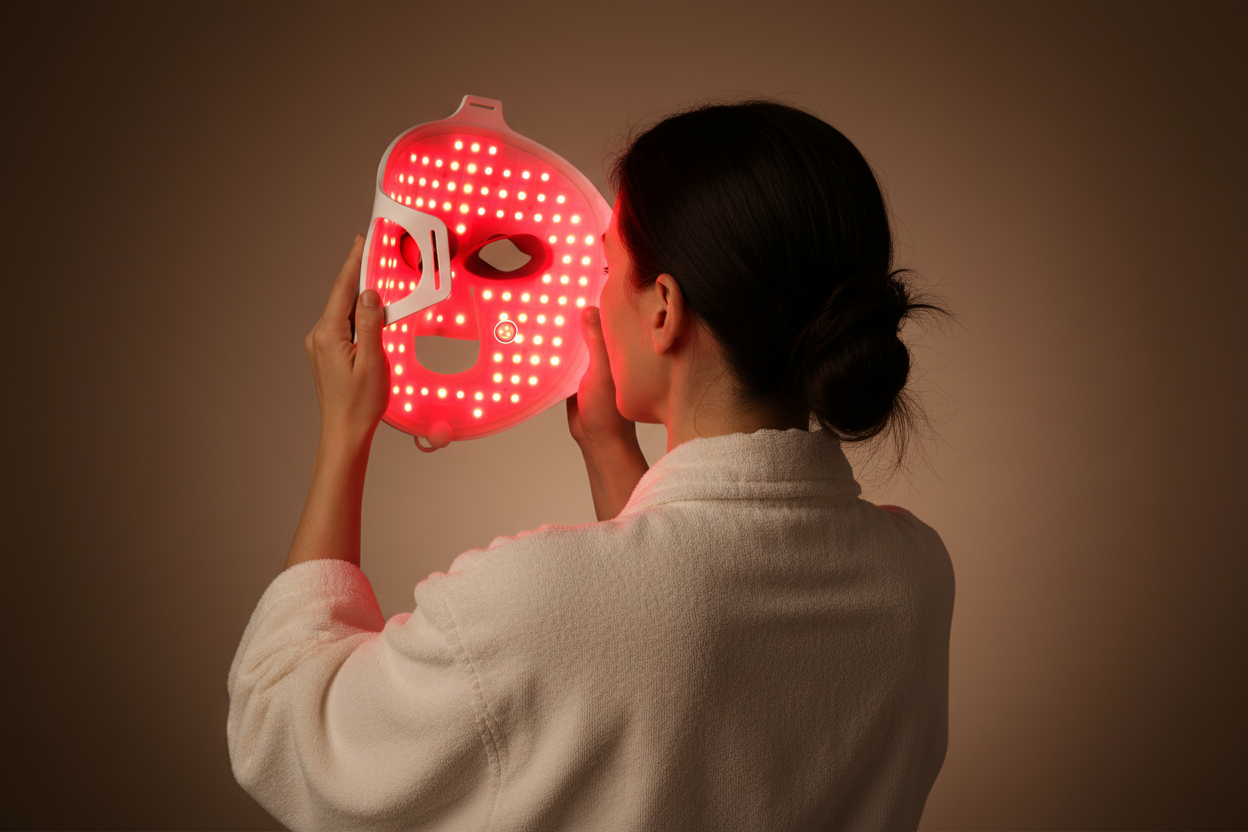 Femme dos masque LED fond mocha