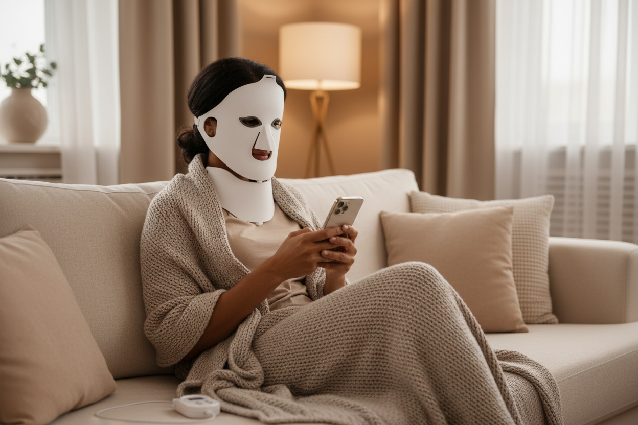 Femme métisse téléphone canapé masque LED