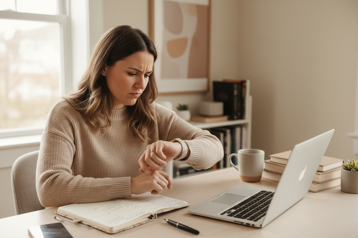 Femme regarde montre au bureau