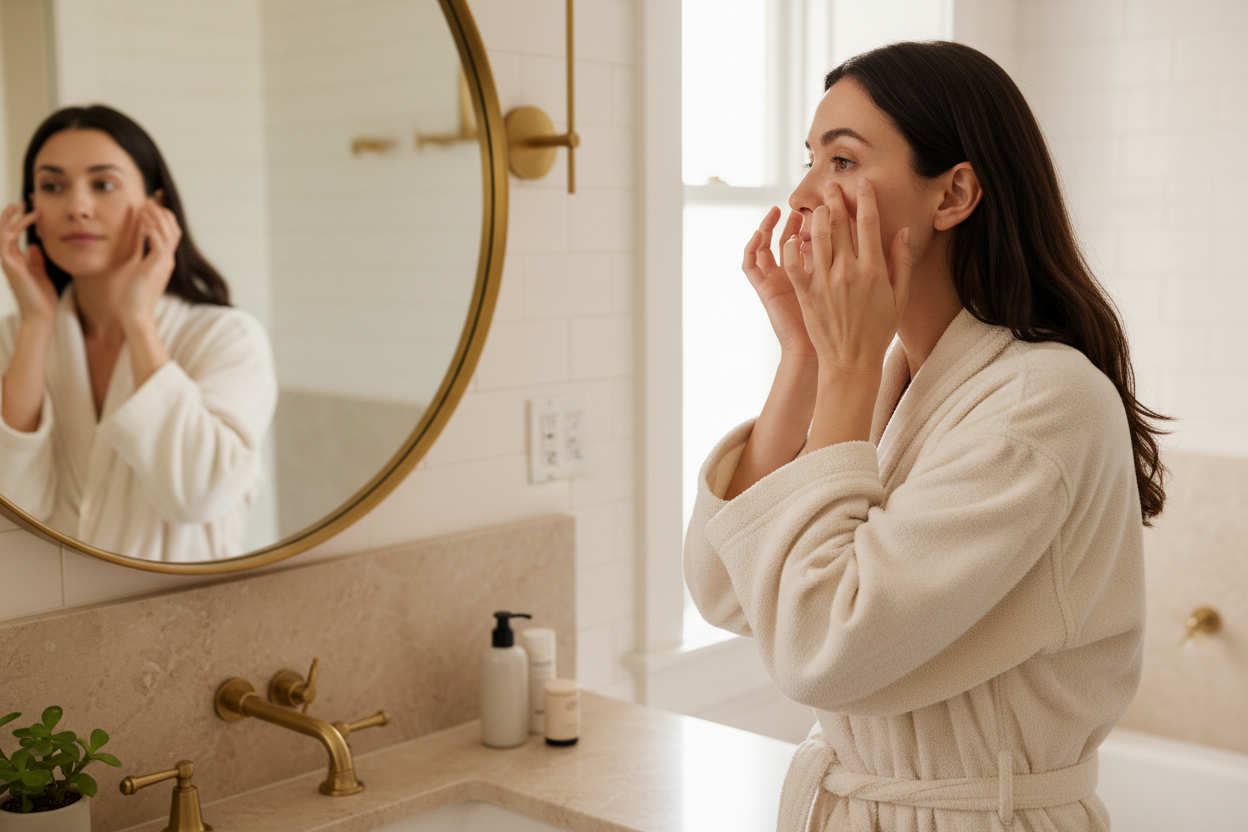 Femme serviette crème touche œil